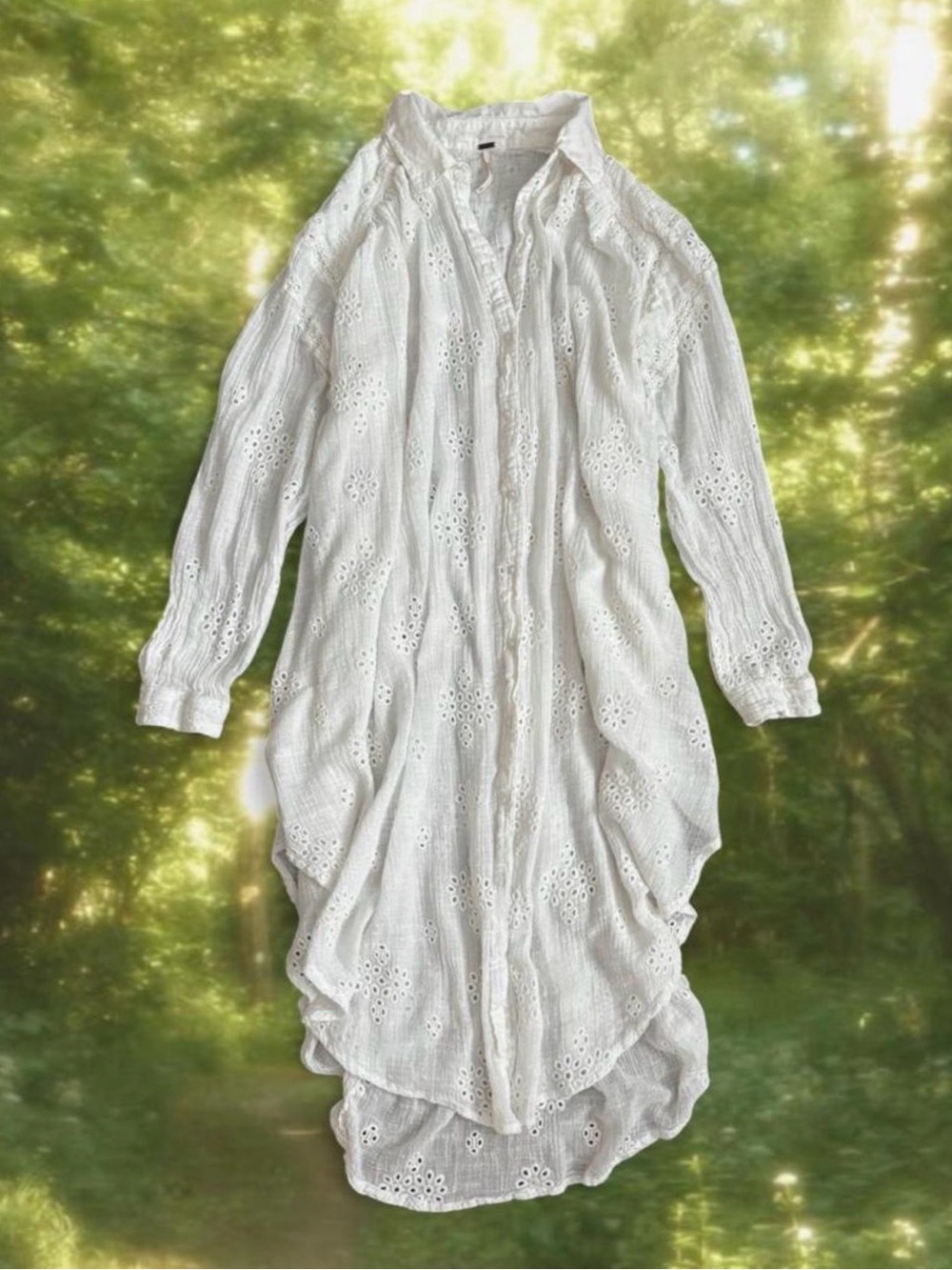 Free People White Eyelet Maxi Shirt Romantic Boho Cottagecore Lace Button Tunic